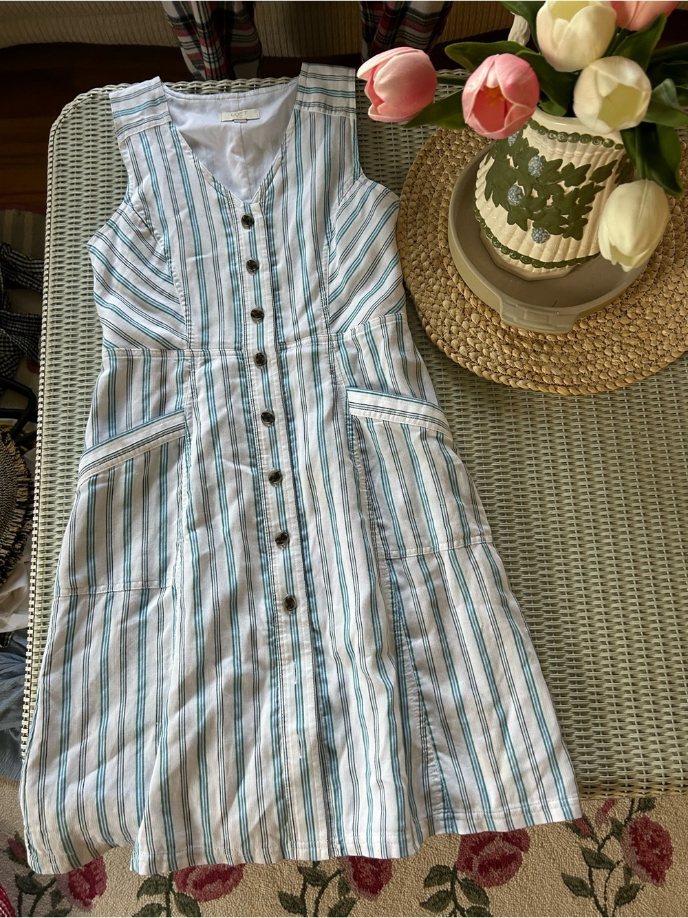 LOFT White Dress with Teal and Light Blue Stripes